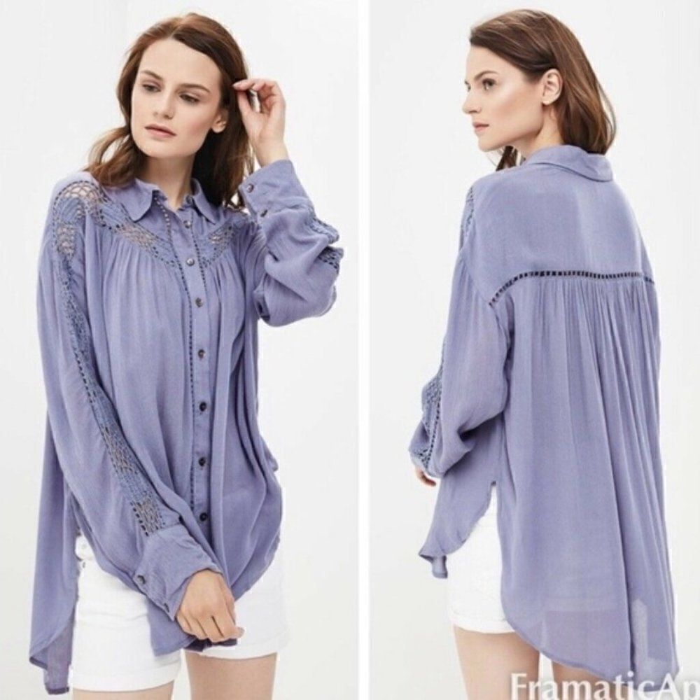 Free People Blue Katie Bird Button Down Top Size Small‎